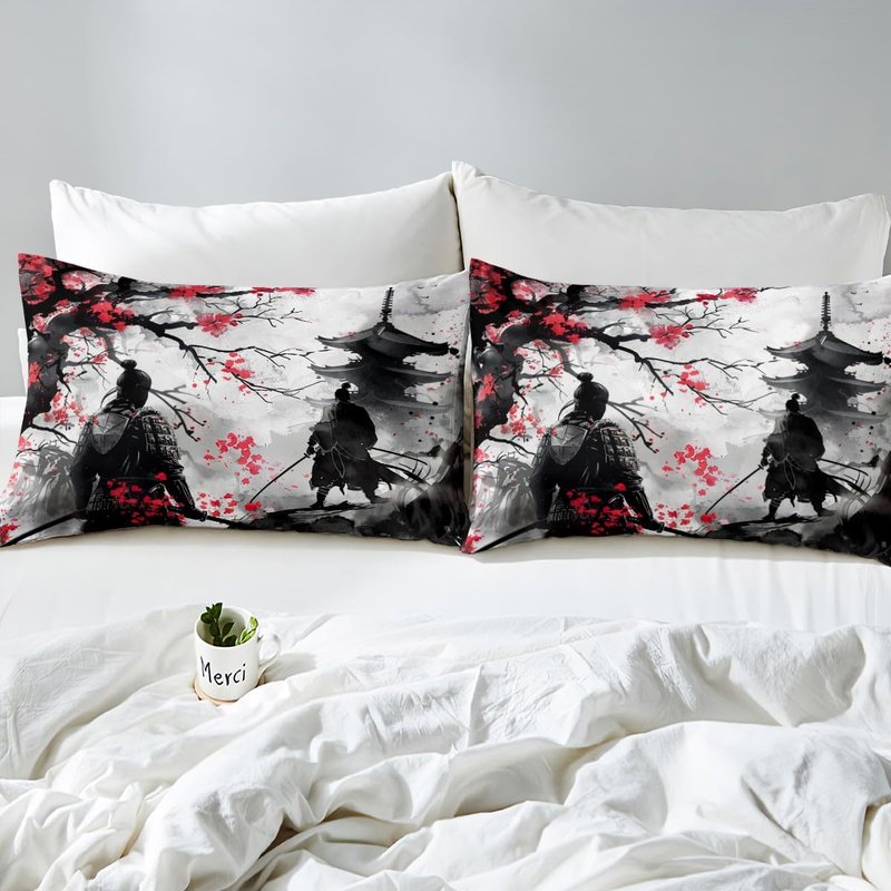 Feelyou Japanese Samurai Sheet Set King Size Kids Japanese Ukiyoe Sheets with Deep Pocket Fitted Sheet for Boys Girls Teens Cherry Blossoms Home Decor Bed Sheets Set Japanese-Style Bedding Set
