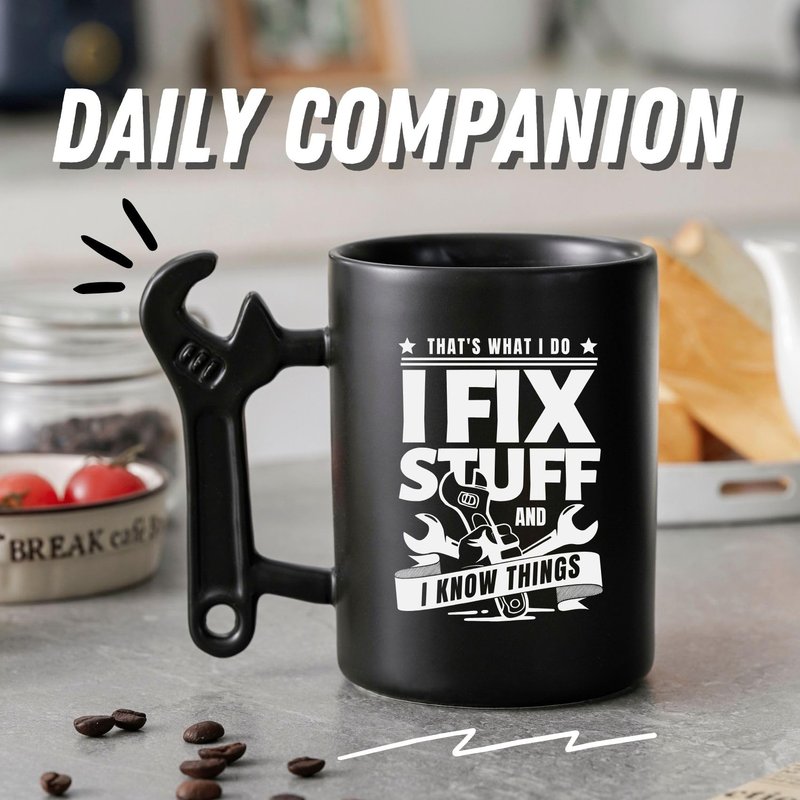 Onebttl Unique Gifts for Men, Car Guy Gifts Coffee Mug with Wrench Spanner Handle, for Mechanic Dad, Husband, Grandpa, Handyman, 13.5 oz Ceramic Mug for Birthday, Christmas - I fix stuff