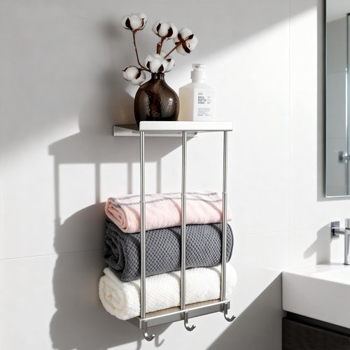 Towel Rack for Rolled Towels, 2-Tier Rolled or Folded Storage Shelves, Telescopic Stainless Steel Towel Holder with Shelf & 3 Hooks, Wall Mounted Bathroom Storage Cabinets for Modern Small Space Decor