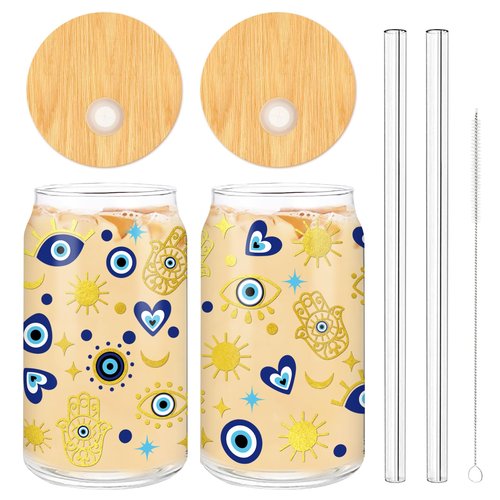 Whaline 2 Pack Evil Eyes Iced Coffee Cup Blue Evil Eye Hamsa Hand Drinking Glasses Astrological Beer Can Glass with Lid Straw Cleaning Brush for Home Office Women Gifts,16oz