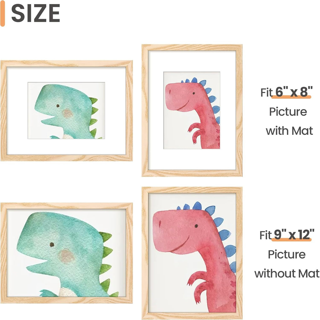 Upsimples 9x12 Picture Frame - Versatile Display for 6x8 Photos with Mat or 9x12 Without | Natural Finish, 1 Pack