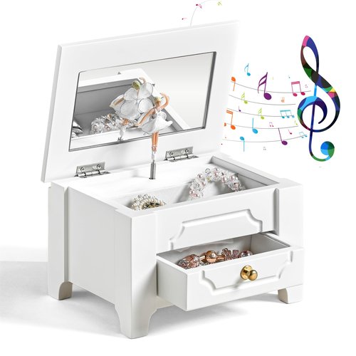 Arlo Belle Kids Musical Jewelry Box with Lock and Mirror, Wooden Jewelry Organizer with Spinning Ballerina and You Are My Sunshine Music, Home Decor & Gifts for Girls (White, Small)