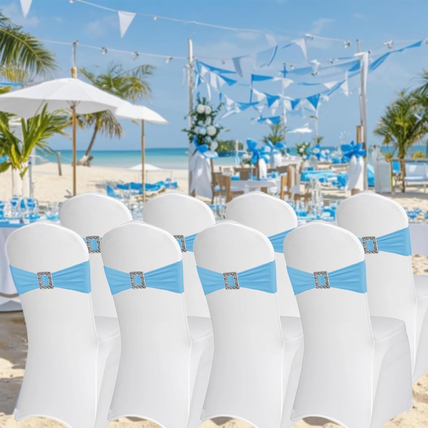 Skiennix Spandex Stretch Chair Sashes - 100 Pack Elastic Covers with Buckle Slider for Weddings & Events | Baby Blue