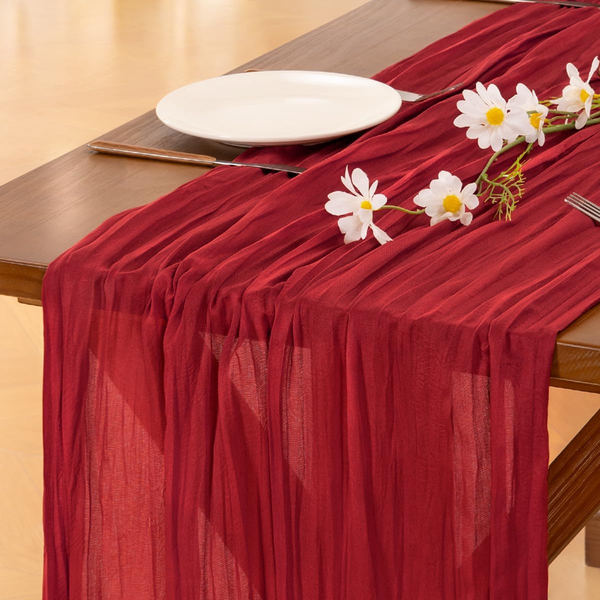 Socomi Cheesecloth Table Runner - 120 Inch Red Boho Rustic Design for Weddings & Events | 2-Piece Set