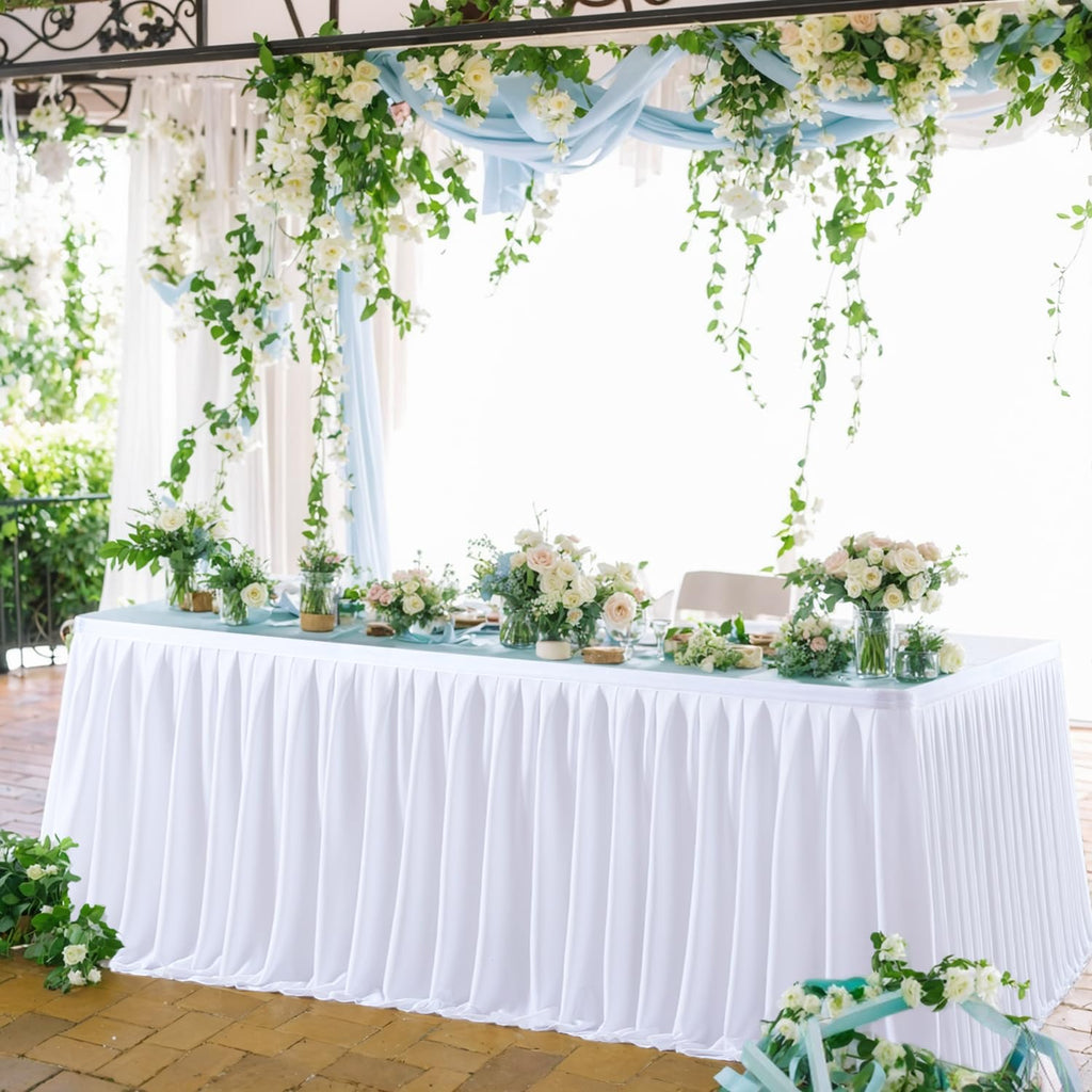 Partisky White Polyester Table Skirt for Rectangle Tables 9f, Wrinkle Resistant Pleated Ruffle Table Cloth for Birthday Party Banquet Wedding Baby Shower