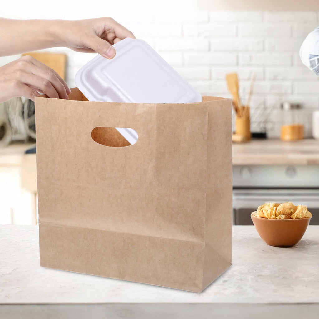 JOUTYFOR 50 Pcs Die Cut Tote Brown Paper Bags with Handle Bulk, Kraft Paper Grocery/Takeout Bags for Restaurant, Bakery, Retail(11x6x11 in)