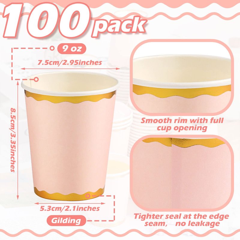 Funtery 100 Count 9 oz Light Pink Paper Cups Disposable Coffee Cup Pink Party Cup for Graduation Wedding Holiday Picnic Birthday Party Bridal Baby Shower Favor Coffee Beverage Tea