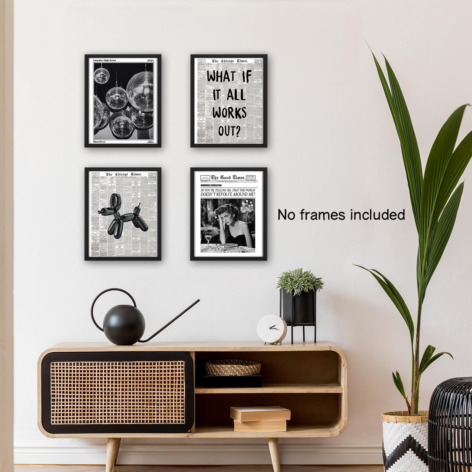 NaZaUK Funky Retro Y2K Wall Art - Black & White Newspaper Prints Set of 4 for Trendy Bedroom Decor | 8x10 Unframed