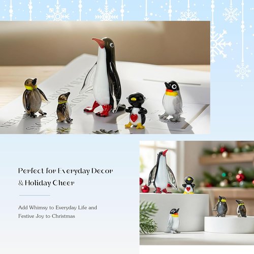 HDCRYSTALGIFTS Blown Glass Penguin Figurines Set - Handmade Miniature Ocean Animal Sculptures