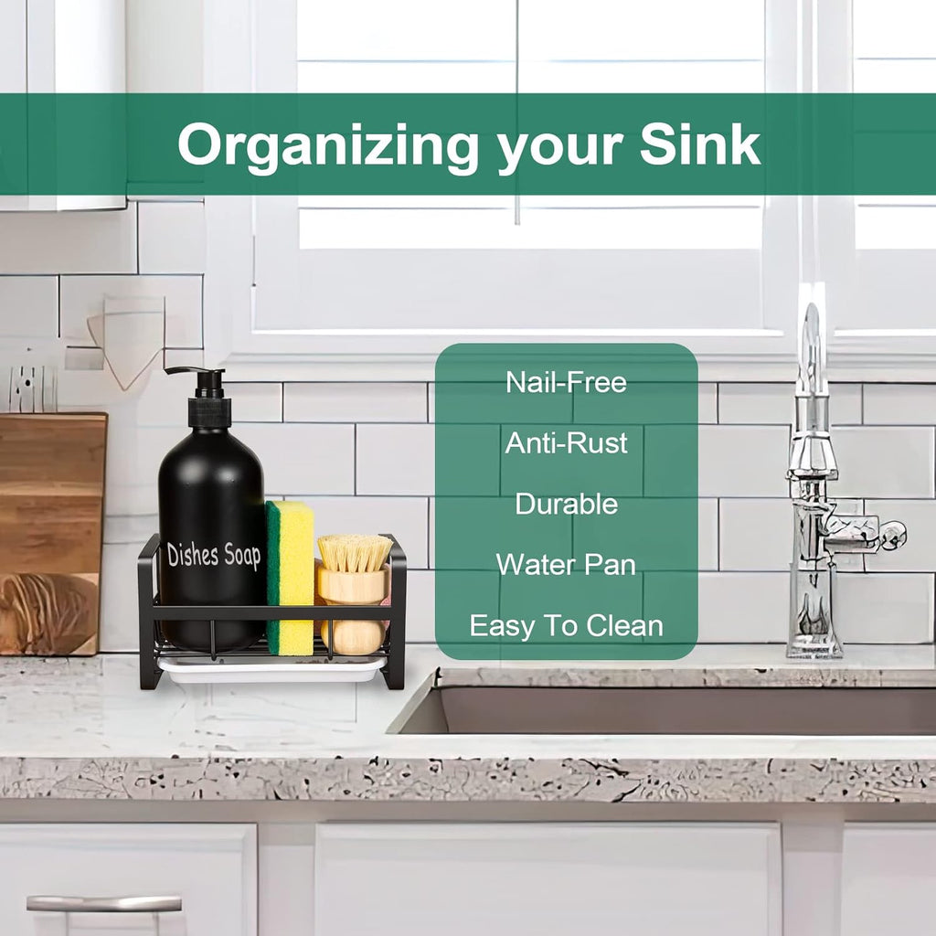 TEZZ Sponge Holder | Stainless Steel Kitchen Sink Caddy for Organizing Sponge, Brush & Soap Dish - Black