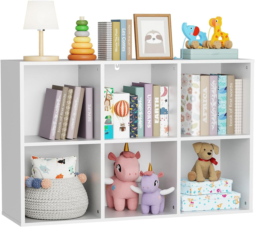 Skiennix 6 Cube Storage Organizer - White Kids Cubby Bookshelf with Anti-Tip Kit & Closed Back Panel