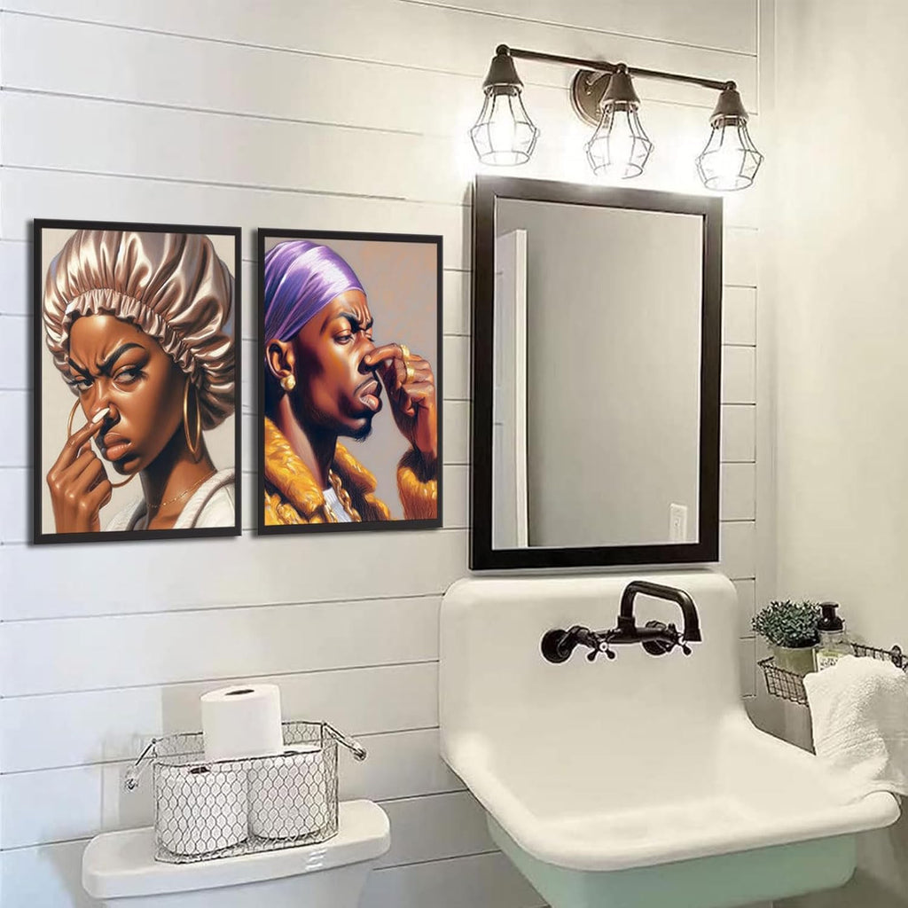 Skiennix Funny African American Bathroom Wall Art - 2Pcs Pinch Nose Canvas Prints | Funky Humor Decor