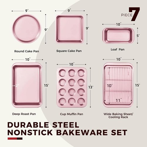KITESSENSU Nonstick Baking Pans Set - 7-Piece Bakeware with Round, Square, Loaf, Muffin, Cookie, and Roast Pans | Pink
