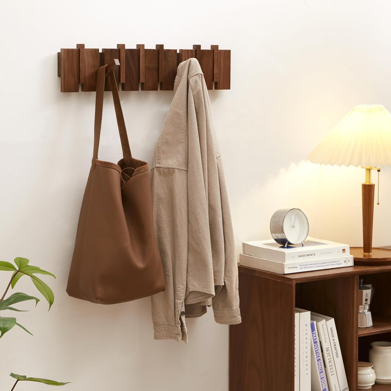 Quellance Wood Coat Rack - Heavy Duty Wall-Mounted Hanger with 8 Hooks - Walnut Finish for Coats, Keys & More