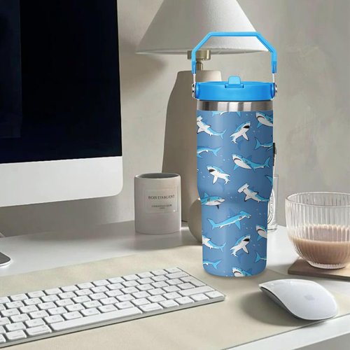 30oz Shark Tumbler with Handle and Flip Straw, Stainless Steel Insulated Cup, Travel Coffee Mug Water Bottle, Birthday Mothers Day Chritmas Gifts for Women Animal Lovers