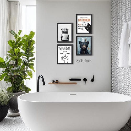 LLEEMPI Cat Quote Bathroom Wall Art - "Welcome to the Bathroom" Canvas Print | Cute Black & White Decor, 8x10 Inch