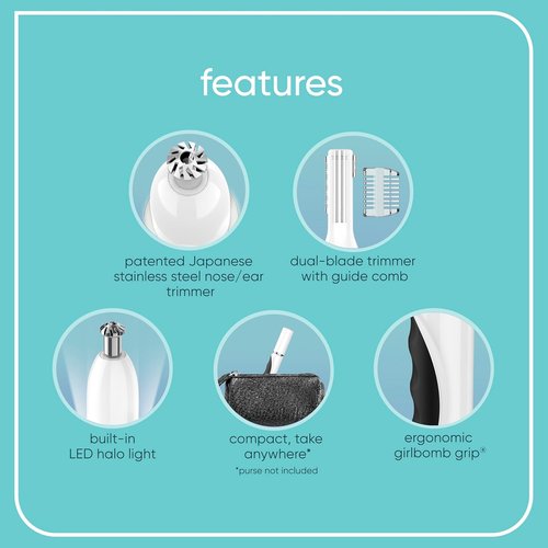 Conair GIRLBOMB Nose Hair Trimmer - Battery-Operated Face Hair Removal for Women | 360° Beveled Blade, LED Light, White