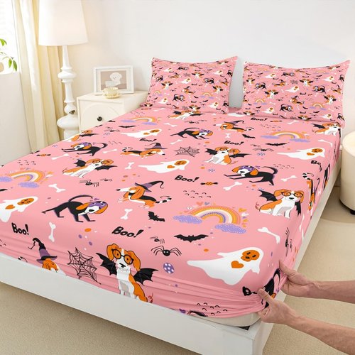 Feelyou Happy Halloween Sheet Set King Size Kids Horror Cobweb Cute Dog Sheets with Deep Pocket Fitted Sheet for Boys Teens Kawaii Cloud Rainbow Bed Sheets Set Breathable Witchcraft Pink Room Decor