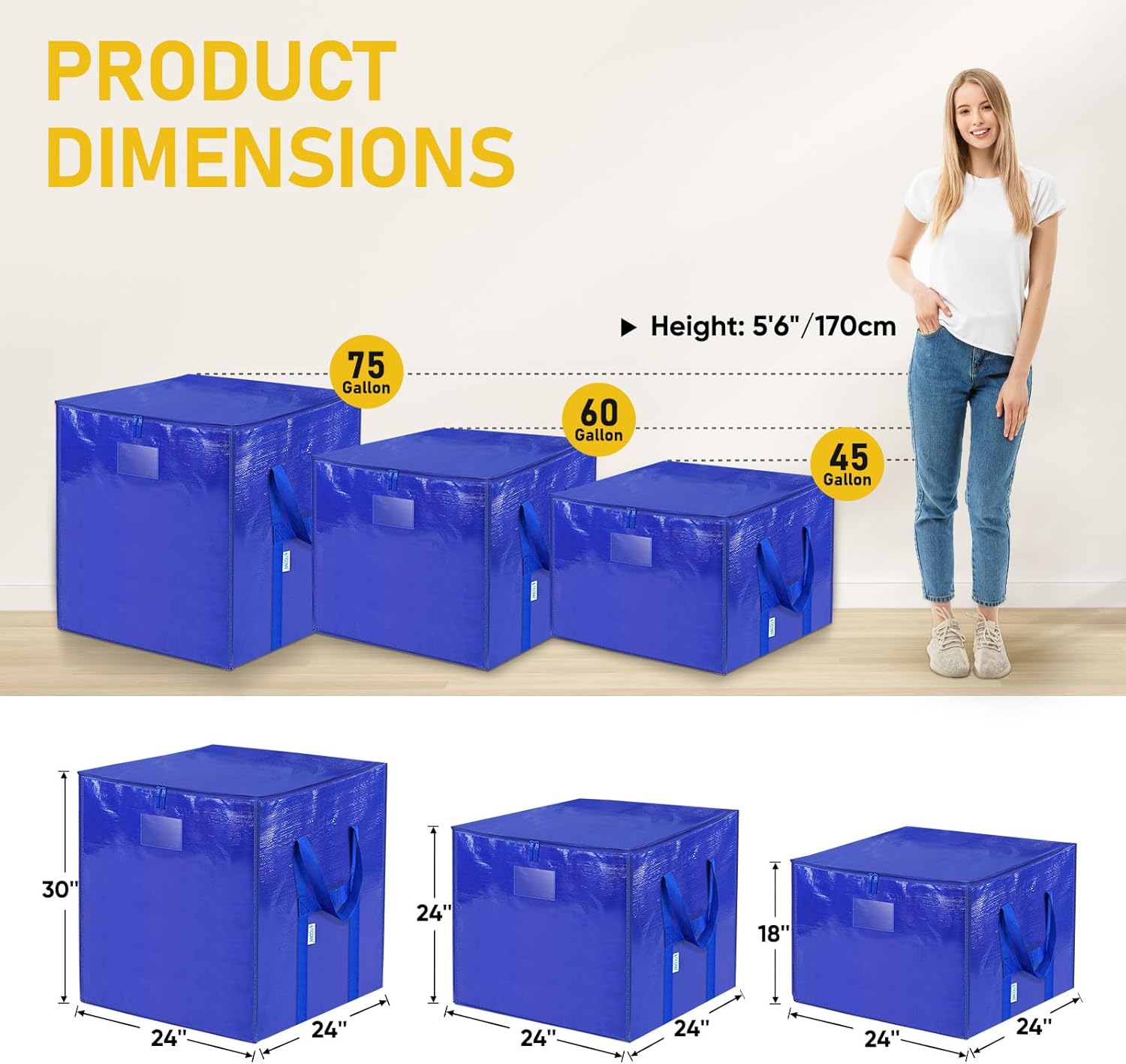 TICONN Extra Large Moving Bags - Heavy-Duty Storage Totes with Zippers & Handles | 45 Gallon (2 Pack)