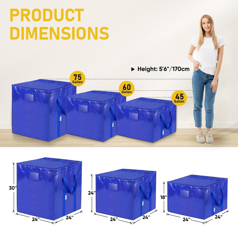 TICONN 6 Pack Extra Large Moving Bags with Zippers & Carrying Handles, Heavy-Duty Storage Tote Moving Boxes for Space Saving (6 PK, 60 Gallon)