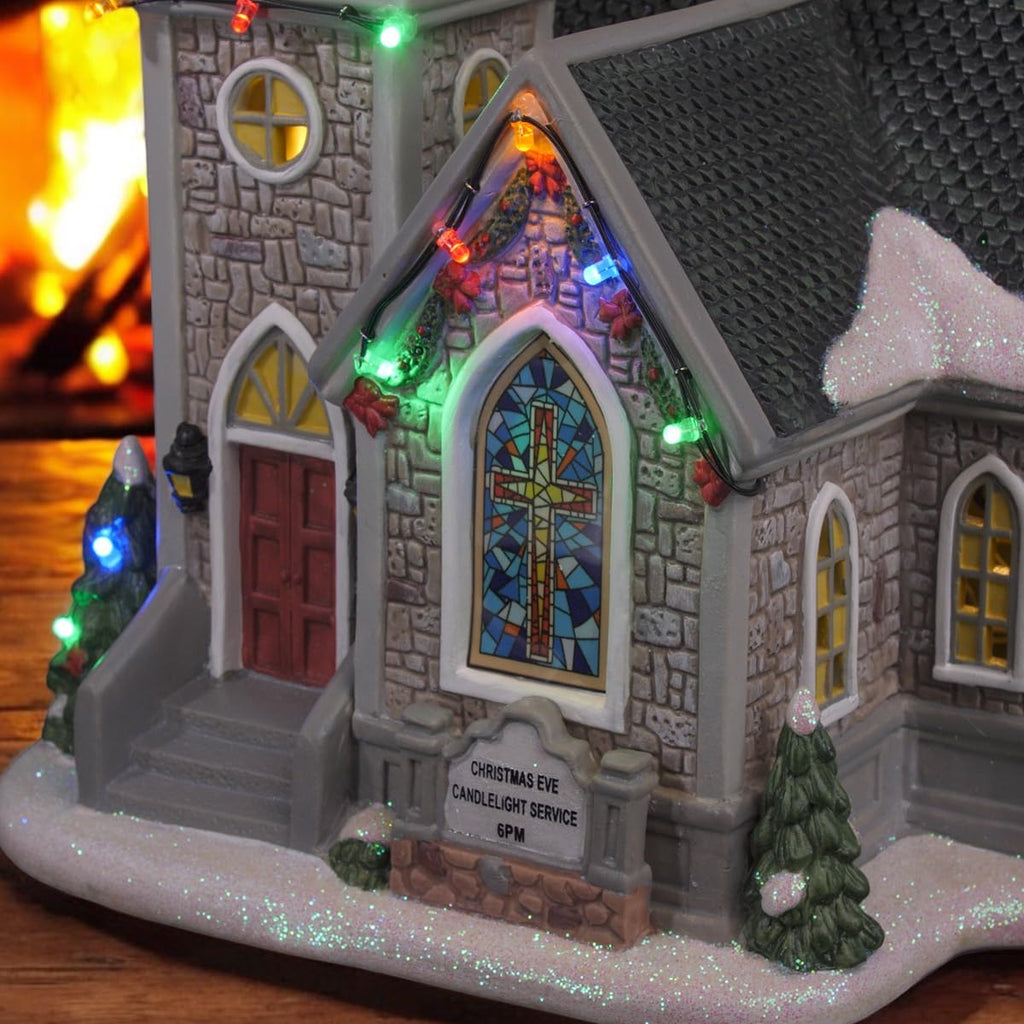 Skiennix Corner Cathedral Porcelain Christmas Village - LED Lights for Festive Charm