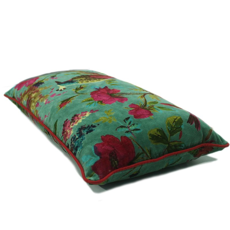 Eyes of India Velvet Floral Flower Bird Throw Pillow Sofa Cushion Cover Case Couch Colorful Boho Chic Bohemian Accent Indian Handmade (Green, 20" x 12")