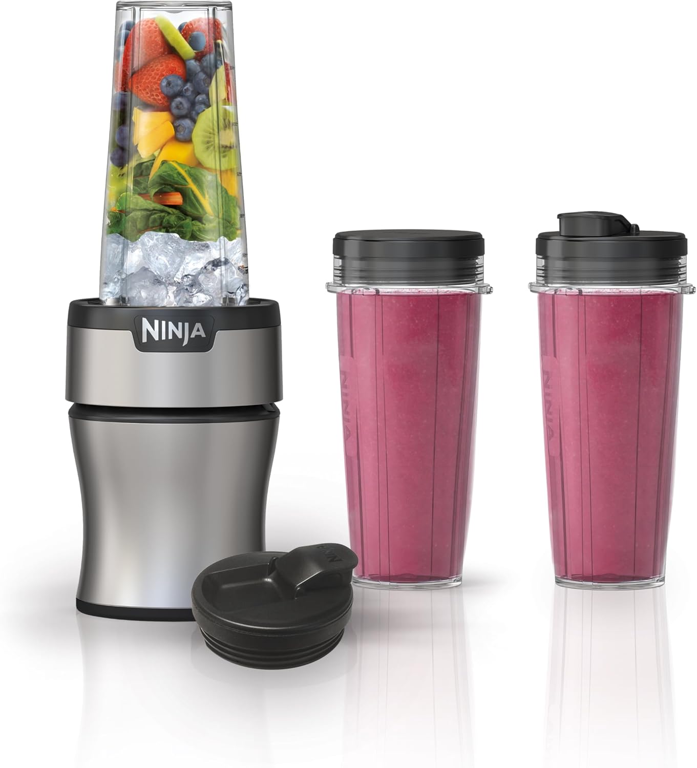 Ninja Nutri-Plus Personal Blender - Compact Push-To-Blend for Smoothies & Frozen Drinks | Includes 3 To-Go Cups & Lids | 900 Peak Watts | Silver | BN301
