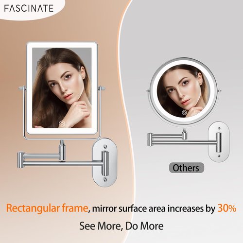 FASCINATE 5000mAh Rechargeable Wall Mounted Makeup Mirror, 8.7" Double Sided Touch Switch 1X/30X Rectangle Wall Mounted Magnifying Mirror with Light, 3 Color Setting, Extended Arm 360° Swivel Foldable