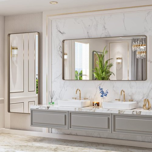 LOAAO Bronze Bathroom Mirror - 60”x28” Rounded Rectangle with Anti-Rust Frame | Hangs Horizontally or Vertically