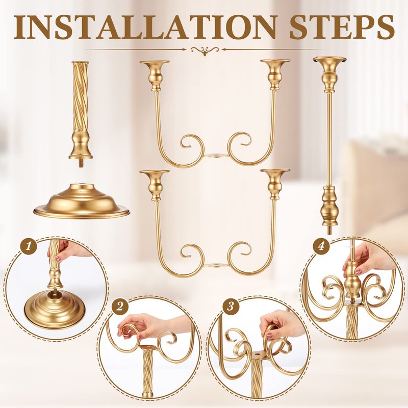 Rtteri 6 Pcs Gold Candelabra Candlestick Holder Metal Candle Stand Candelabra for Taper Candles Table Centerpieces Wedding Christmas Holiday Birthday Party (9.5 x 9.5 x 19.7 Inch,3 Arm)