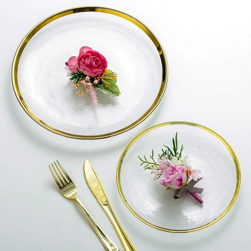 NUPTIO Charger Dinner Plates Set: Glass Gold Rim Chargers Under Plate 2PCS Clear Tray Round Salad Dish for Dining Wedding Party Christmas Reception Banquet Event Dessert Table Decoration 7.8 10 Inch