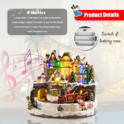 Christmas Village Houses - 10.6" Polyresin Decor with Moving Train, LED Lights & 8 Songs