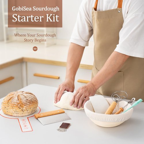 GobiSea Sourdough Starter Kit - Sourdough Bread Baking Supplies - 9" Round Banneton Bread Proofing Basket - Sourdough Bread Making Tools Kit - Baking Gifts