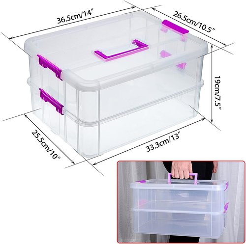 JUXYES Stackable Storage Box - 2-Tier Transparent Design with Handle for School & Office Supplies