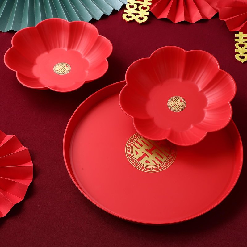 Red Serving Tray Set: 3PCS Decorative Round Wedding Snack Trays and Petal Snack Bowls - Flower Shape Candy Plate Happiness Chinese Wedding Decor for Tea, Fruit, and Coffee Table