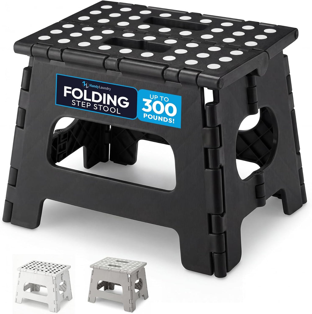 Skiennix Handy Laundry Folding Step Stool - Lightweight & Sturdy for Adults & Kids | Easy One-Flip Open - Black - 8 Inch