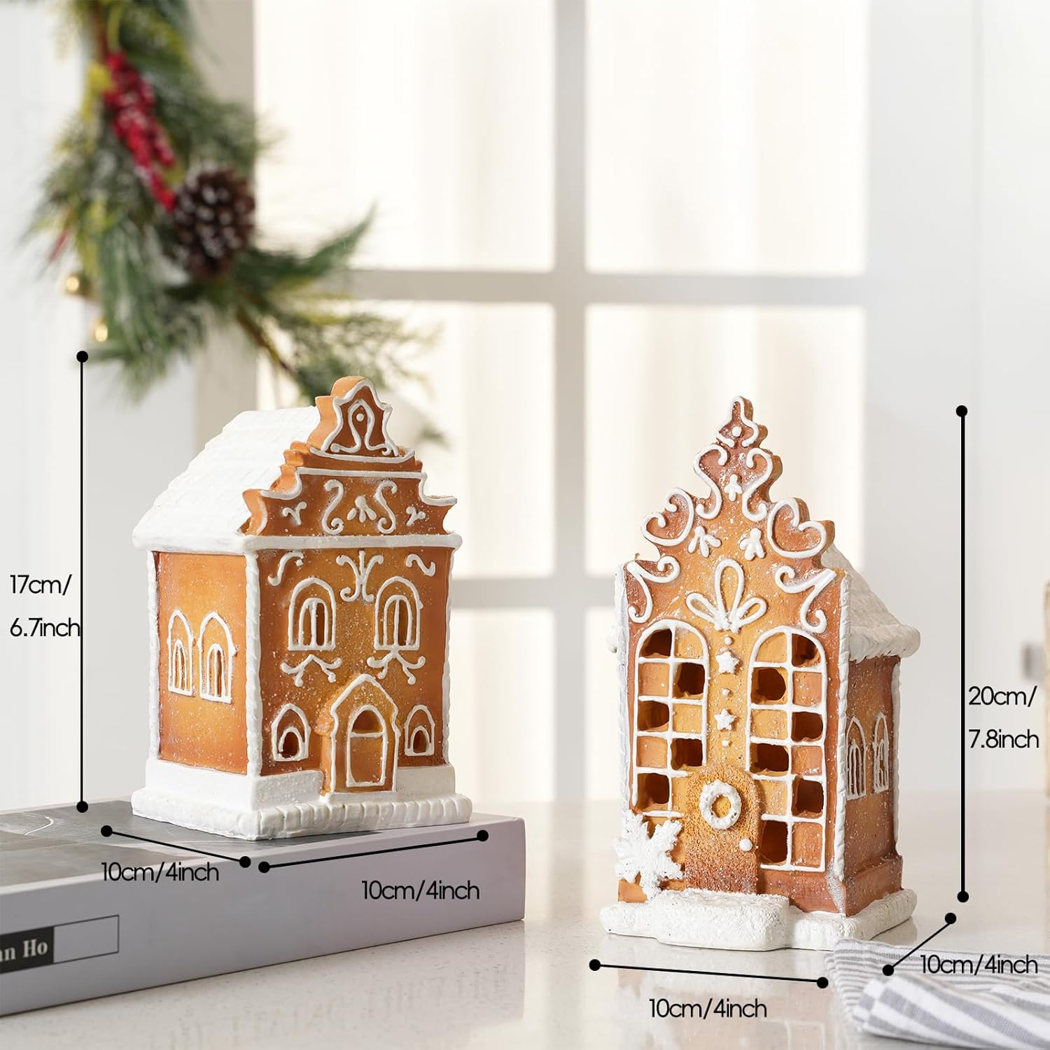 Skiennix Christmas Gingerbread Village House Figurines - Pre-Lit LED Decor | 2-Piece Set