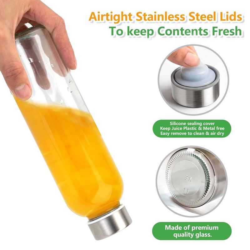 Zukro 24 Pack Glass Water Bottles with Lids 18 oz, Reusable Clear Juice Bottles With Stainless Steel Airtight Cap for Juicing, 100% Leak Proof Juice container Drinking Jar, Fridge Safe, BPA Free