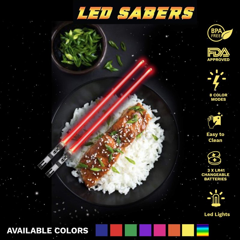 LIGHTSABER CHOPSTICKS LIGHT UP STAR WAR LED Glowing Light Saber Chop Sticks REUSABLE Sushi Lightup Sabers -Removable Handle Dishwasher Safe -Premium GIFT BOX and CARRY POUCH Included - Red - 1 Pair