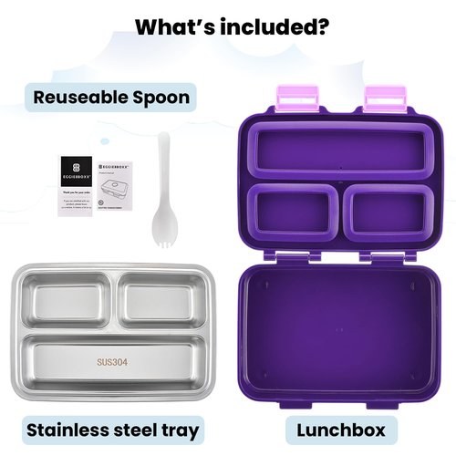 Bento Box for Kids – 3-Compartment Kids Bento Lunch Box with Leak-Proof Lid, Spoon & Stainless Steel Tray – 20 x 15 x 6.8 cm BPA-Free, Dishwasher Safe - Fun Space Design for School & Travel (Purple)