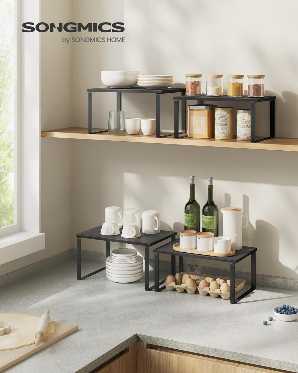 SONGMICS Kitchen Organizer Shelf Set - Stackable & Expandable Spice Rack - Metal & Engineered Wood - Ink Black & Ebony Black