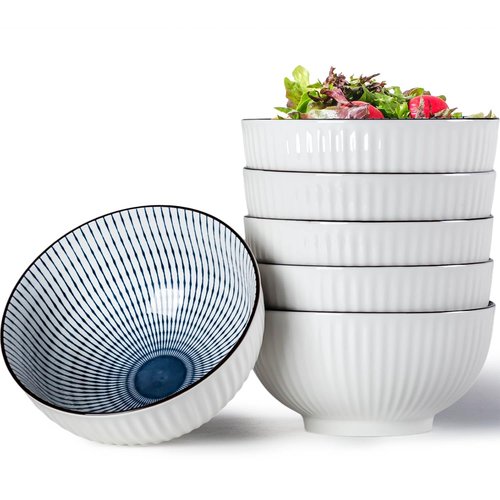 QINLANG 6 Inch Blue and White Porcelain 30 oz Bowls Set of 6 for Soup, Cereal, desserts, ice cream and Rice - Striped Pattern
