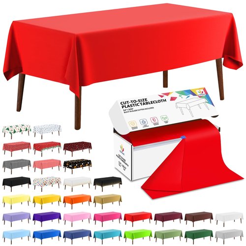 CXPSINC 54 Inch X 300 Feet Plastic Table Cover Roll Disposable Tablecloth with Slide Cutter for All Type/Shape Tables | Party, Banquet, Birthdays, Weddings(Red, 300 Feet)