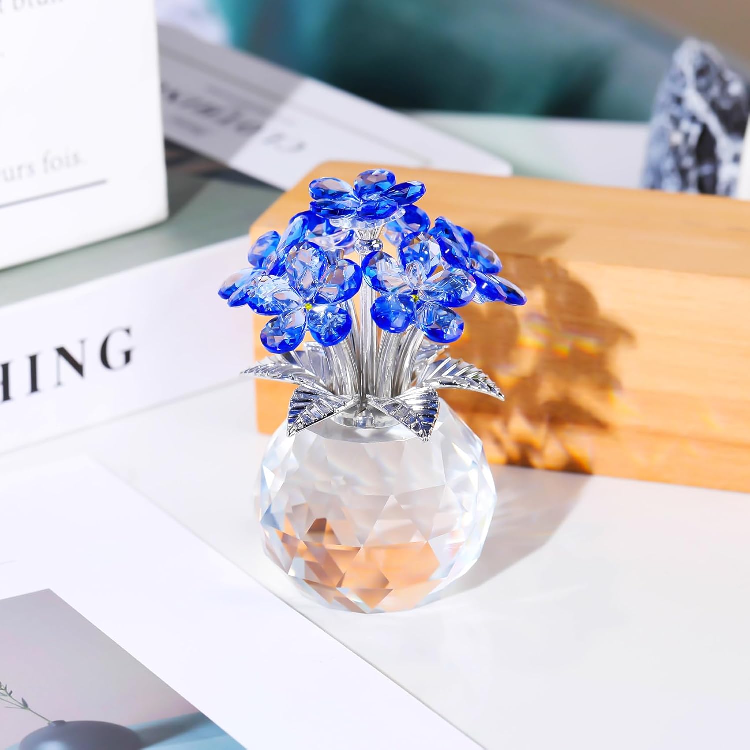 YWHL Blue Crystal Forget Me Not Flowers - Handmade Glass Bouquet Figurine | Perfect Gift for Women