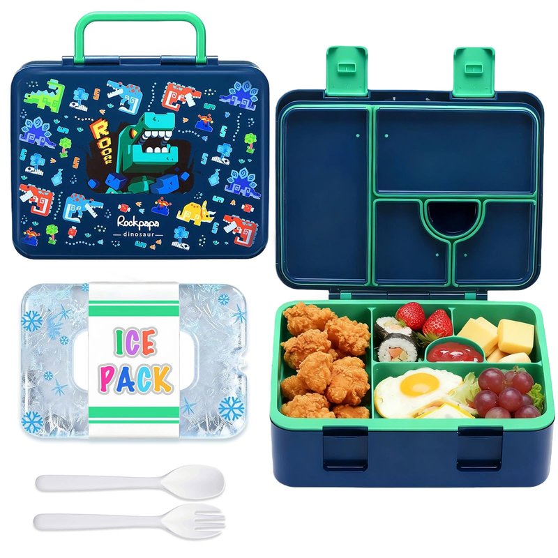 rockpapa Chill Bento Box for Kids- Large 5.5 Cups Lunch Box with Ice Pack - 5 Compartments, BPA-Free, Leak Proof, with Utensils & Portable Handle, Microwave/Dishwasher Safe (Blue Dinosaur)