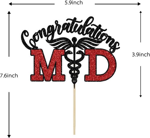 Congratulations MD Cake Topper - Black & Red Glitter Graduation Decoration for Medical School Grads