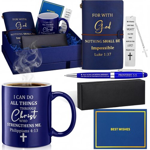 Shellwei 6 Pcs Valentines Christian Gift for Men 11 oz Mug Leather Notebook Religious Metal Bookmark Christian Pen with Box and 1 Refills Greeting Card and Box for Valentines Pastor Appreciation Gifts