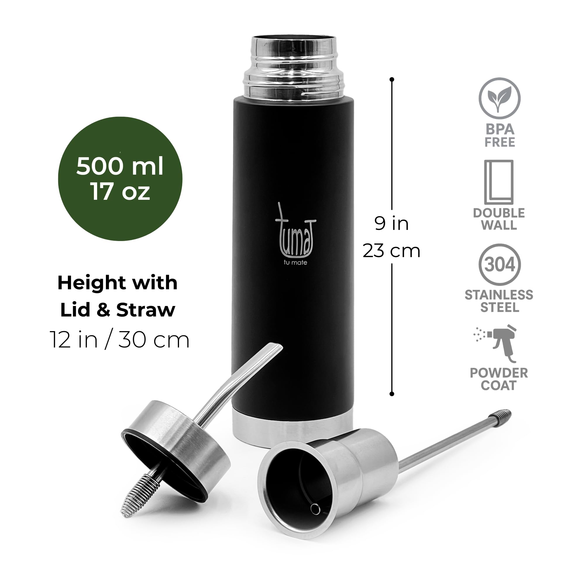 Mate Listo Automate – Auto Mate Insulated Bottle with Spout | Fluvion Self-Serving System for Yerba Mate | Two gifts | 16.9 fl oz Stainless Steel | Argentinian Mate Automatic Kit