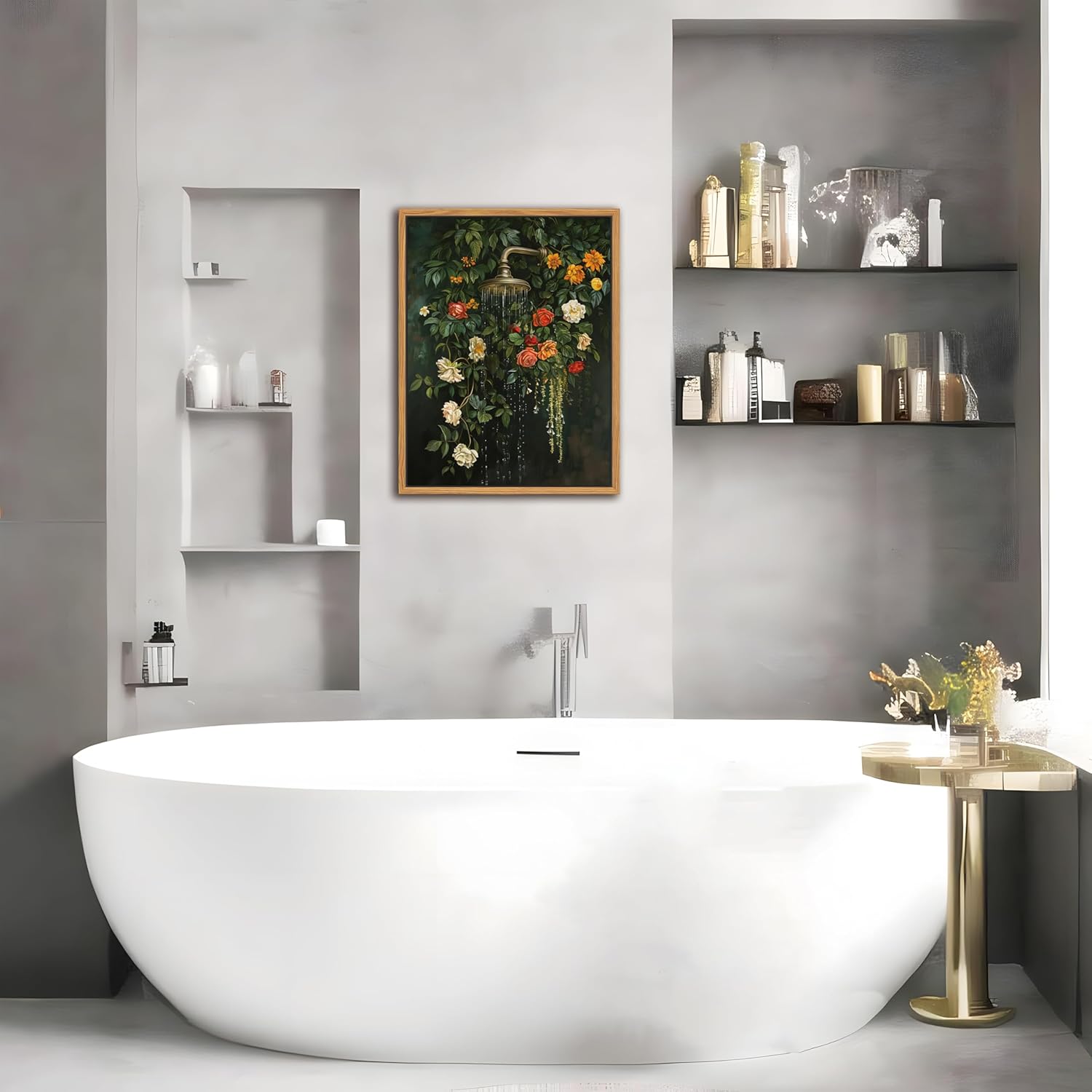 Skiennix Floating Framed Floral Shower Wall Art - Vintage Botanical Canvas Print | Romantic Garden Roses 12x16 Inch