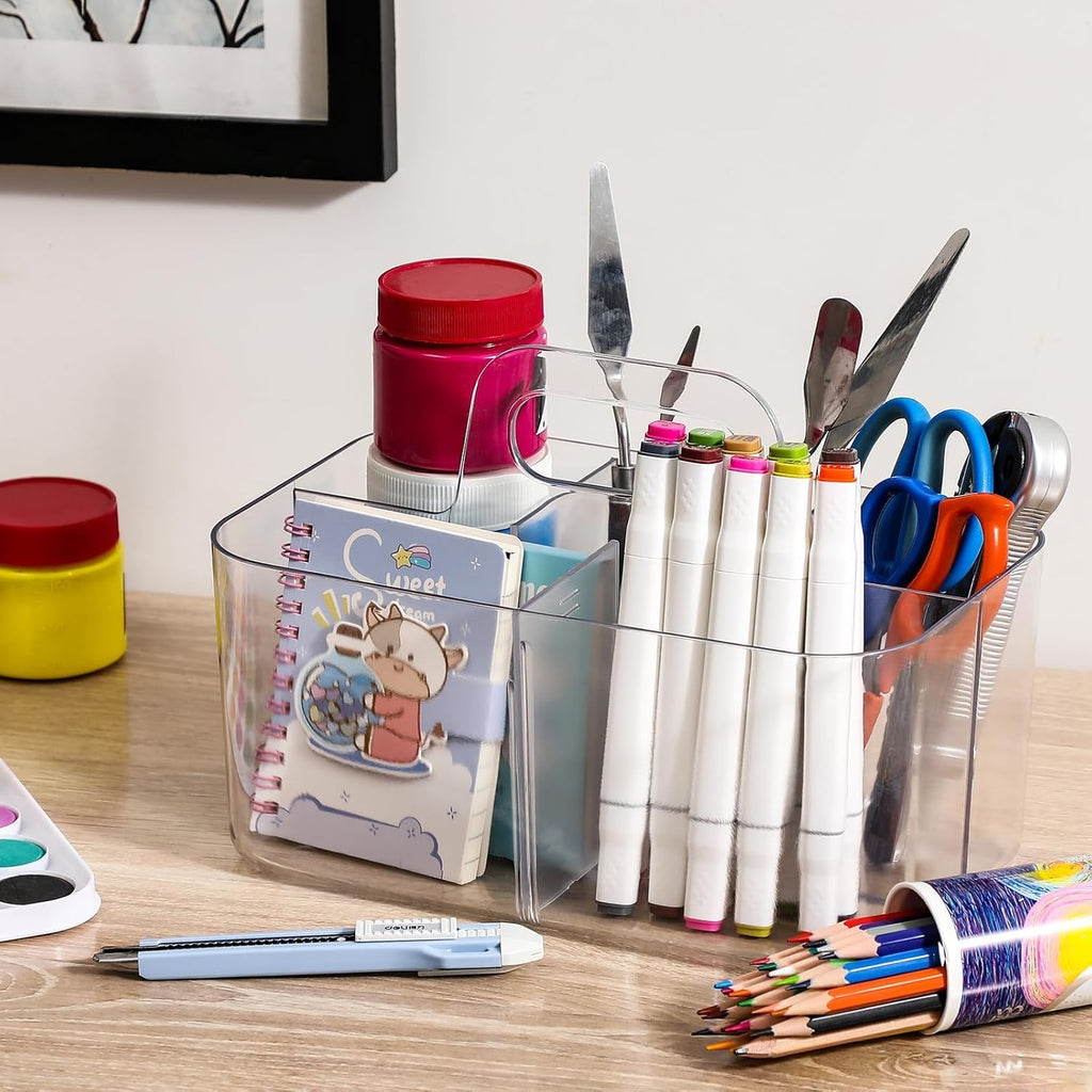 Multiuse Caddy Organizer by [Brand Name] - Portable Plastic Tote Bin for Art, Makeup & Office Supplies - Clear